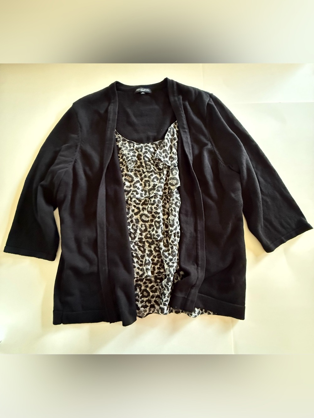 Notations Faux Twinset Cardigan Leopard Ruffle Top size 1X
